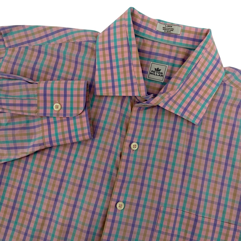 Peter Millar Large Plaid Button Down Shirt Mens Pink Purple Green Long Sleeve‎